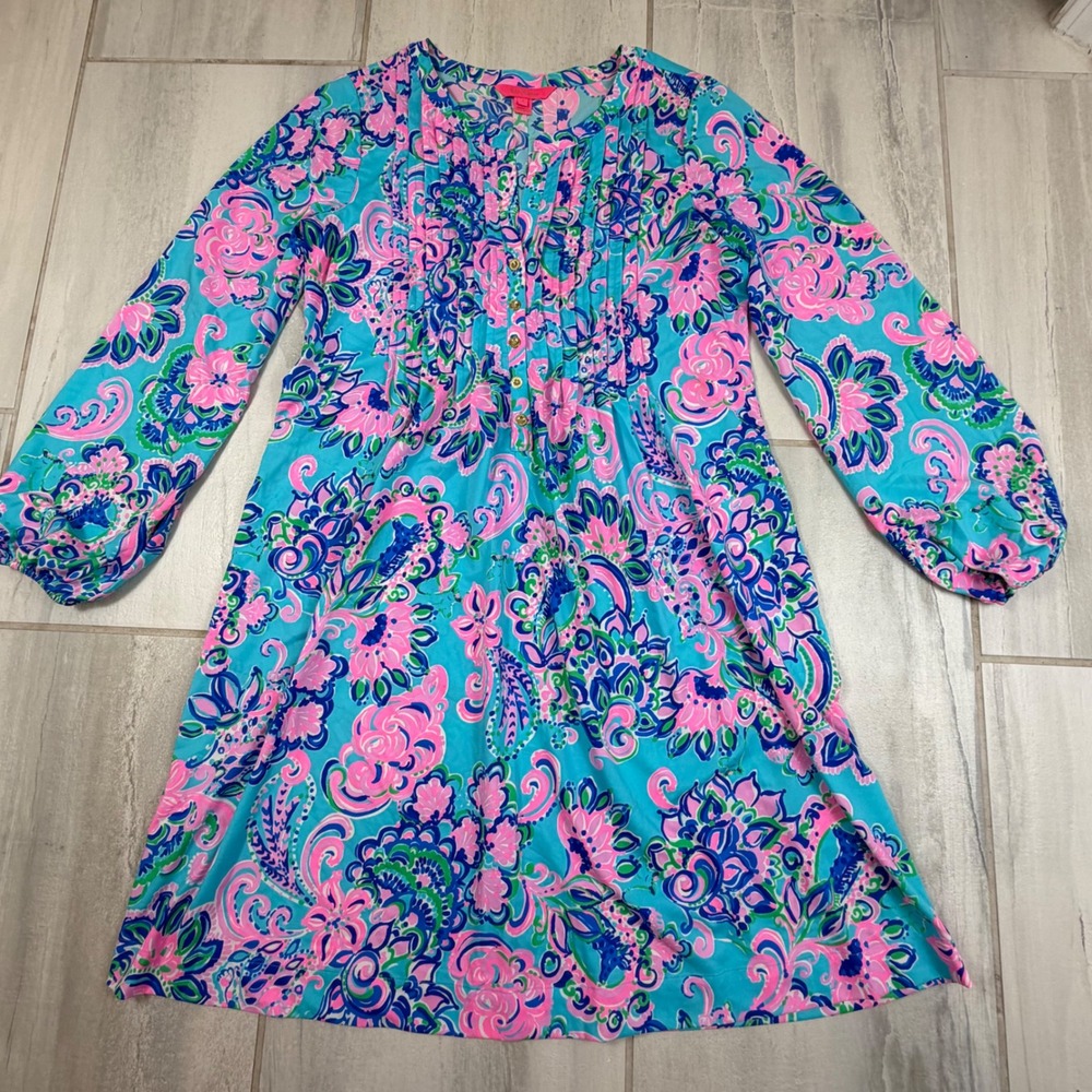 Lilly Pulitzer UPF 50+ Chilly Lilly Dress Pink Blue Floral Pintuck Long Sleeve S